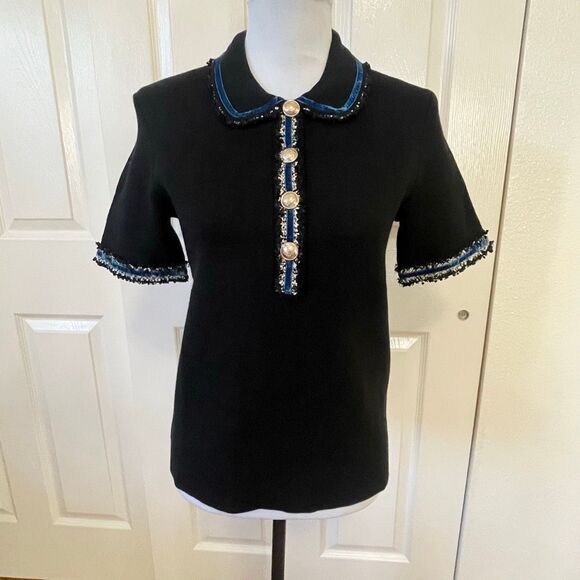 Maje Mexicana Polo Metallic Trim Sweater Black Size 1 (Small) - Picture 9 of 10